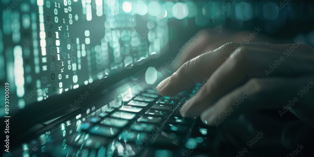 A close-up of a hacker's hands typing on a keyboard in a dark room, with code and binary numbers projected in the background A close-up of a hacker's hands typing on a keyboard in a dark room, with code and binary numbers projected in the background