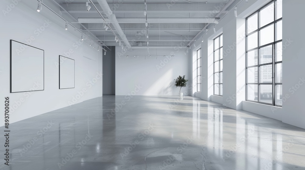 A large, empty room with white walls and a large window A large, empty room with white walls and a large window