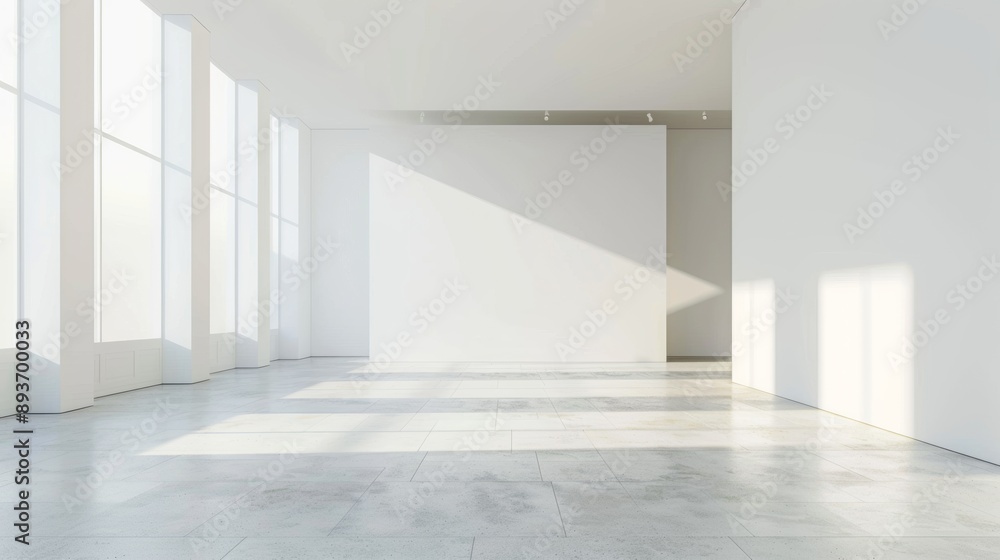 Fototapeta premium A large, empty room with a white wall and a white floor