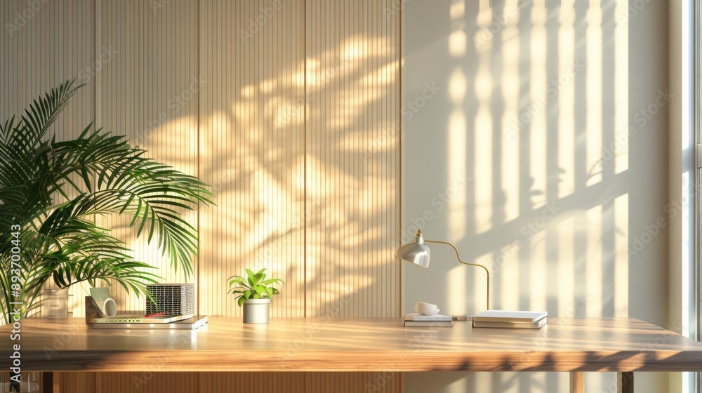 A desk with a laptop, a potted plant, and a lamp A desk with a laptop, a potted plant, and a lamp