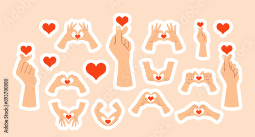 Diverse Collection Of Hand Gesture Stickers Forming Hearts, Symbolizing Love, Affection, And Care, Adhesive Patches Set