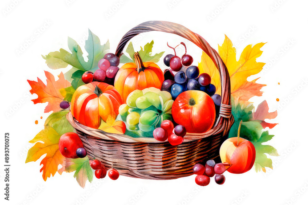 Basket overflowing with autumn fruits and berries. Juicy and ripe apples and grapes. Wealth of autumn harvest and fertility Basket overflowing with autumn fruits and berries. Juicy and ripe apples and grapes. Wealth of autumn harvest and fertility