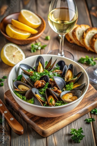 Cuenco de mejillones decorados con perejil fresco, acompañado de pan fresco y una copa de vino blanco, sobre una mesa de madera. Cocina francesa.