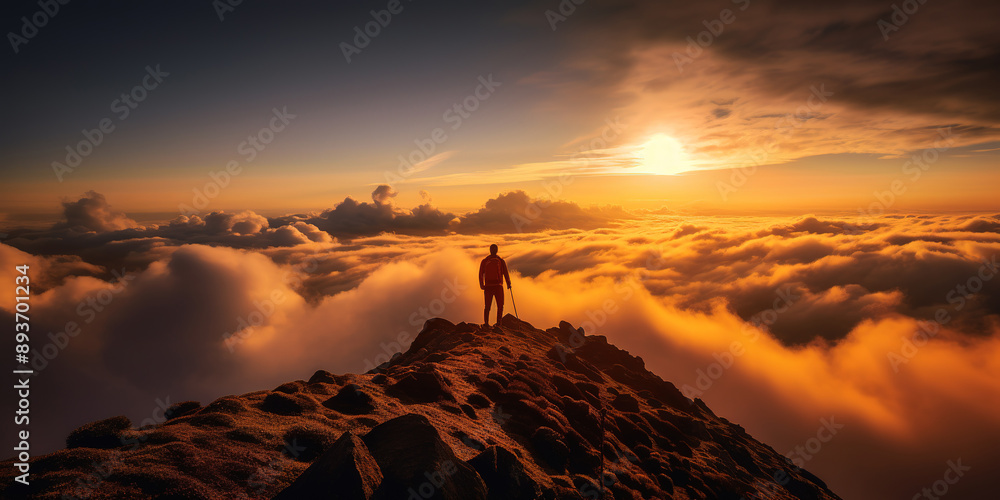 Person standing at top of the mountain with sky covered in clouds. Person standing at top of the mountain with sky covered in clouds.