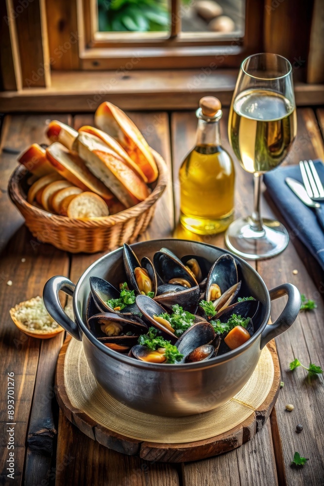 Mejillones en una olla de acero inoxidable, acompañados de pan y una botella de vino blanco, sobre una mesa de madera junto a una ventana. Cocina francesa. Mejillones en una olla de acero inoxidable, acompañados de pan y una botella de vino blanco, sobre una mesa de madera junto a una ventana. Cocina francesa.