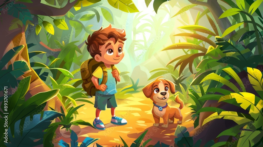 Naklejka premium A little boy with a backpack and a dog in a tropical jungle, cartoon illustration.