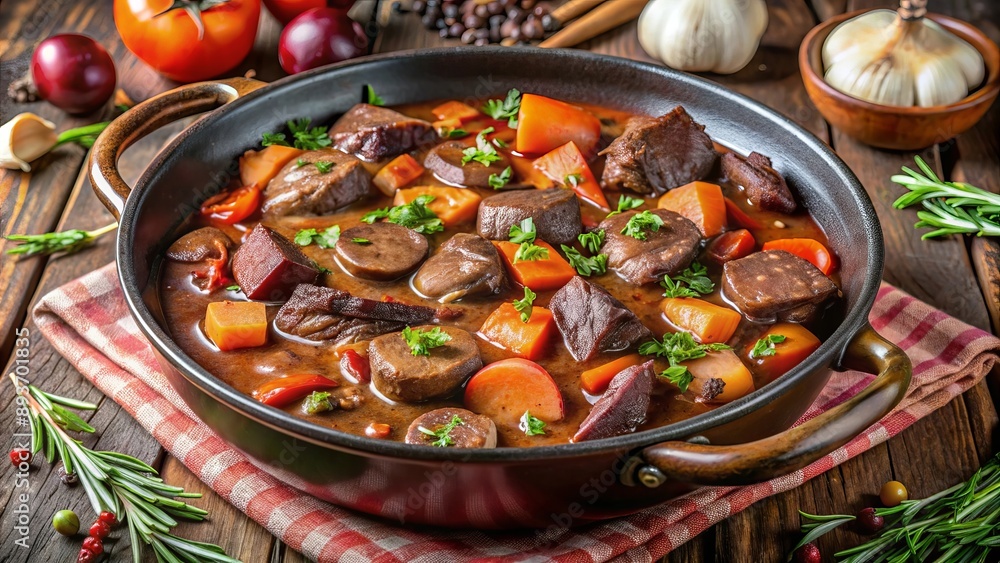 Boeuf bourguignon servido en una bandeja de hierro fundido, acompañado de zanahorias, papas y decorado con perejil fresco, sobre una mesa de madera rústica. Cocina francesa. Boeuf bourguignon servido en una bandeja de hierro fundido, acompañado de zanahorias, papas y decorado con perejil fresco, sobre una mesa de madera rústica. Cocina francesa.