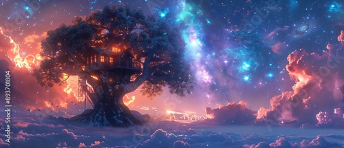 Mystical Tree House: Enchantment in Galactic Fog