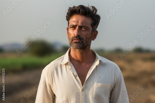 Portrait of a tender indian man in his 40s wearing a simple cotton shirt in front of quiet countryside landscape
