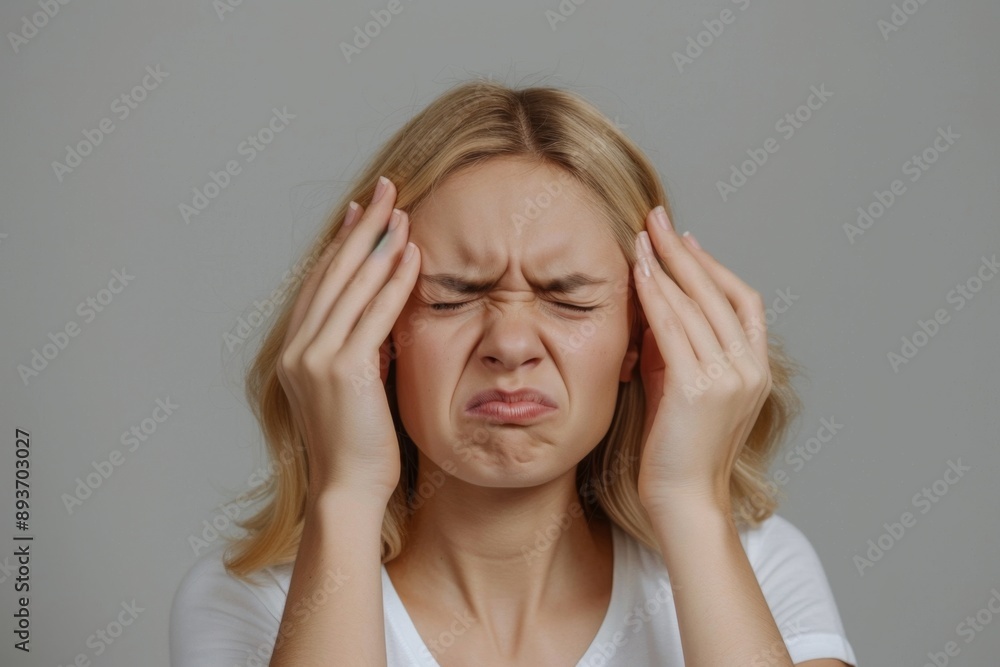 Young woman with a pensive expression holding her hands to her head. She looks stressed and anxious. It is a close-up portrait in a neutral background. Stock photography. Generative AI Young woman with a pensive expression holding her hands to her head. She looks stressed and anxious. It is a close-up portrait in a neutral background. Stock photography. Generative AI