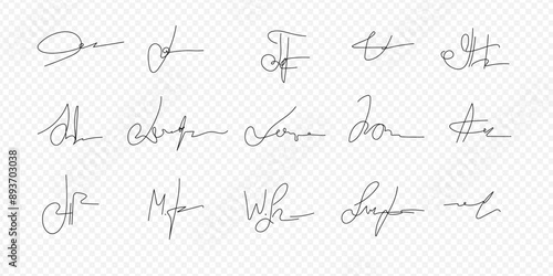 Fake signatures. Fake autograph. Personal signature calligraphy. Contrived signature. Various autographs for documents. Ink autograph