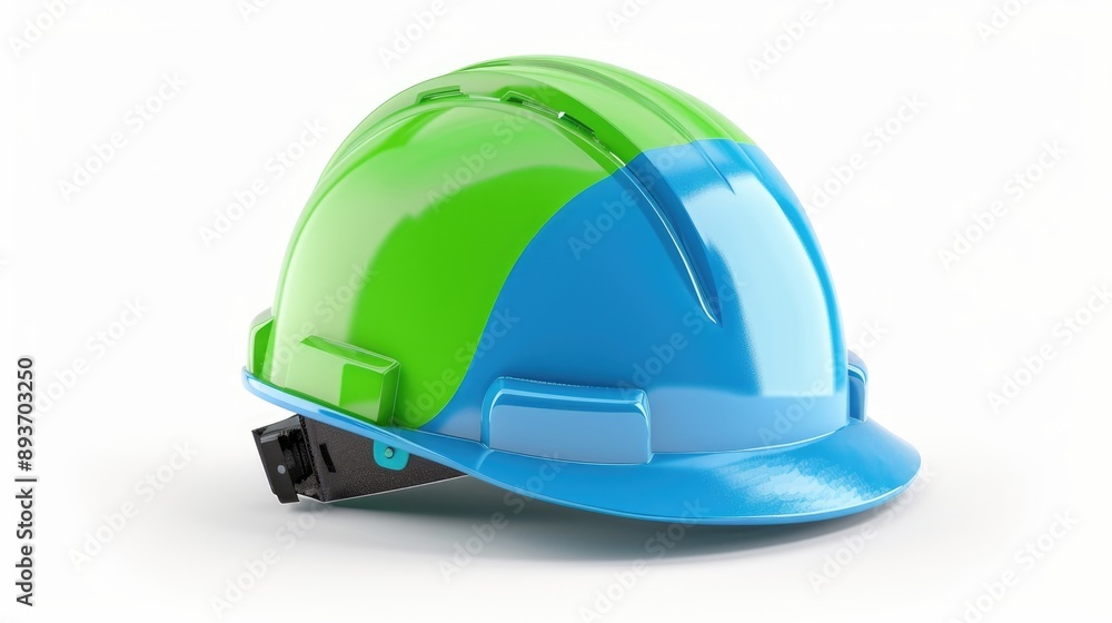 Isolated blue and green safety engineer helmet with tools on white background Isolated blue and green safety engineer helmet with tools on white background