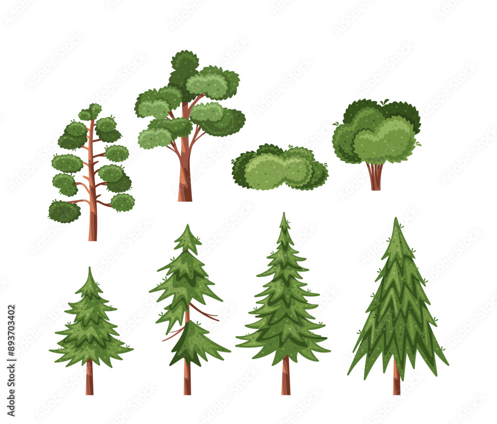 Fototapeta premium Diverse Set Of Cartoon Trees And Shrubs In Various Shapes And Size, For Nature-themed Designs, Educational Materials