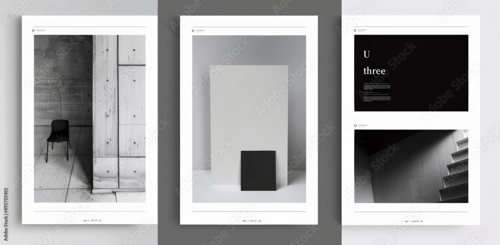 The image shows a triptych of black and white abstract and architectural designs The image shows a triptych of black and white abstract and architectural designs