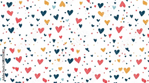 A colorful pattern of hearts is spread across a white background