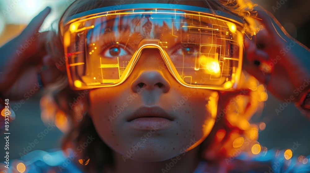 A young person wearing high-tech virtual reality glasses, exploring futuristic technology and innovation with a focused expression. A young person wearing high-tech virtual reality glasses, exploring futuristic technology and innovation with a focused expression.