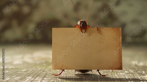 A cockroache holds an empty poster to place an advertisement. photo