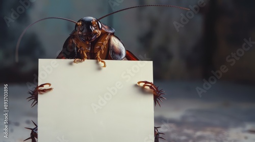 A cockroache holds an empty poster to place an advertisement.