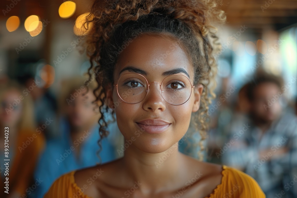 Obraz premium Close-up of a young woman with curly hair and glasses, wearing a yellow top, smiling in a social setting with blurred background.