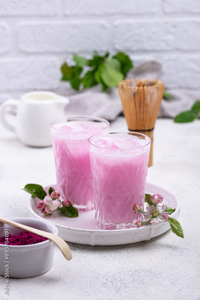 Pink matcha ice latte with milk Pink matcha ice latte with milk