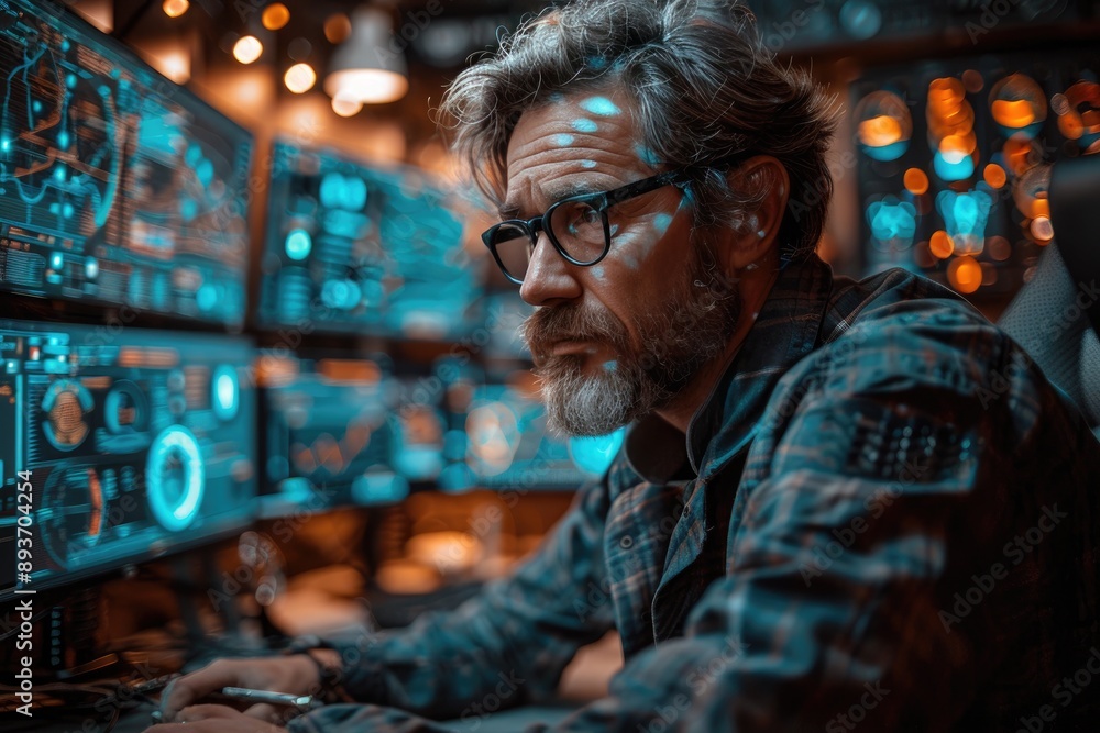 Focused man with glasses working on multiple computer screens in a dark room, illuminated by blue and orange lights, showcasing technology engagement. Focused man with glasses working on multiple computer screens in a dark room, illuminated by blue and orange lights, showcasing technology engagement.