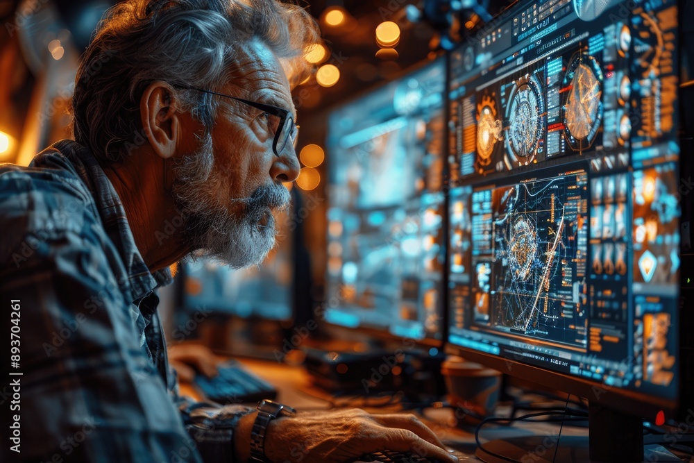 Fototapeta premium Focused professional analyzing data on multiple monitors in a dimly lit control room environment filled with advanced technology.