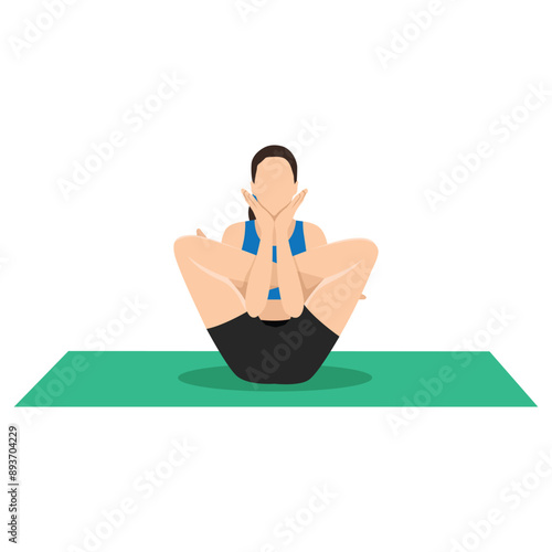 Woman doing Embryo Pose, Foetus Fetus Pose or Garbhasana, Garbha Pindasana yoga exercise. Flat vector illustration isolated on white background