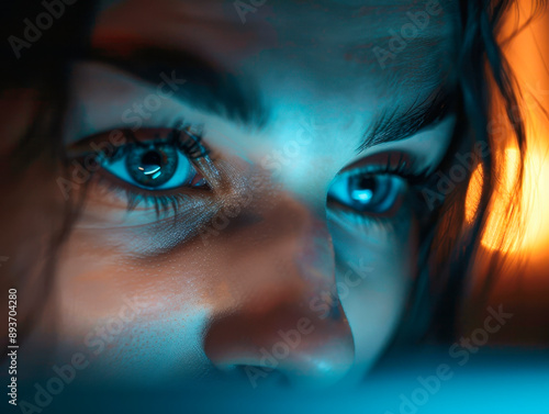 Close-up of a young woman's eye in neon light.