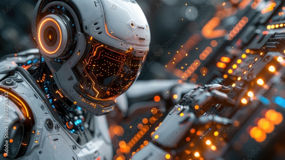Futuristic robot with glowing lights operating an advanced control panel, symbolizing high-tech innovation and artificial intelligence. Futuristic robot with glowing lights operating an advanced control panel, symbolizing high-tech innovation and artificial intelligence.
