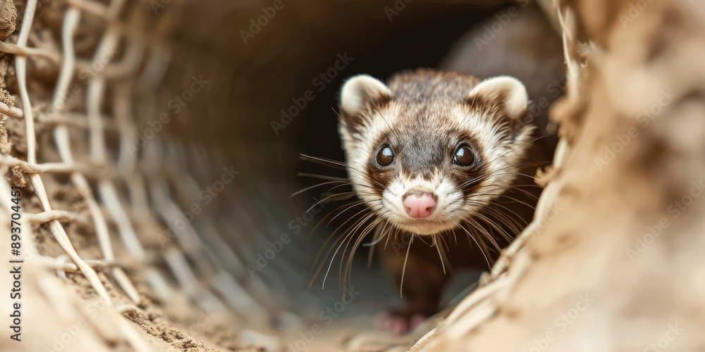 A cute ferret exploring a series of tunnels and tubes, with a playful and curious expression, showcasing its agility and intelligence A cute ferret exploring a series of tunnels and tubes, with a playful and curious expression, showcasing its agility and intelligence