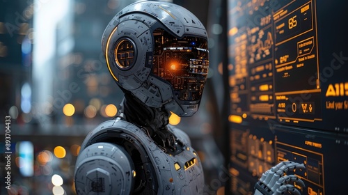 Futuristic robot interacts with digital screen in a modern cityscape, highlighting advanced AI and technology in urban settings.