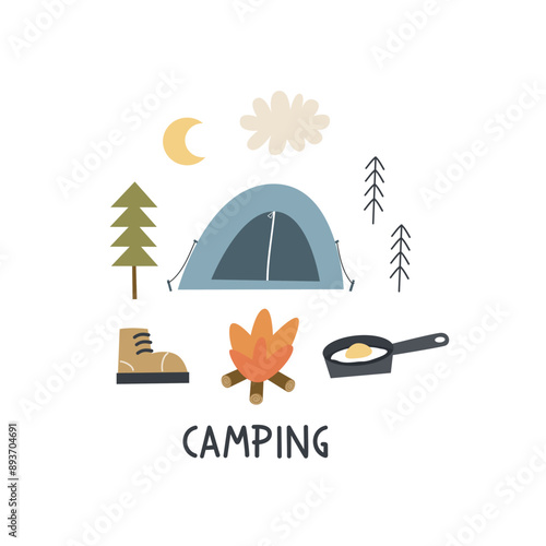 Cartoon camping thematic elements, hand drawing lettering. Colorful vector illustration, flat style. design for cards, print, poster, cover