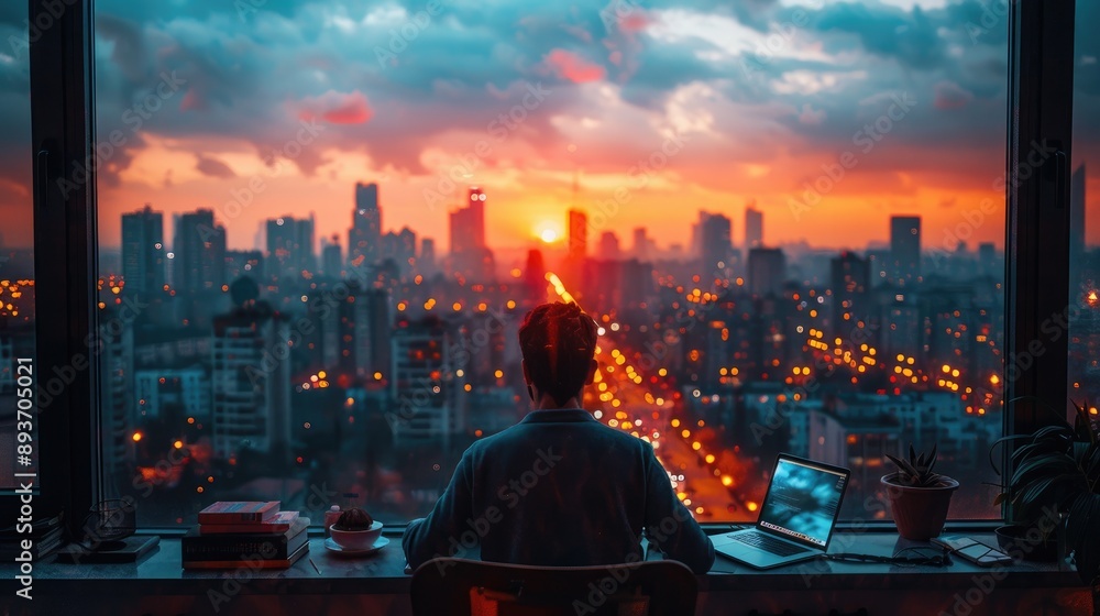 Person working on laptop overlooking a stunning cityscape at sunset, filled with vibrant lights and a dramatic sky. Person working on laptop overlooking a stunning cityscape at sunset, filled with vibrant lights and a dramatic sky.