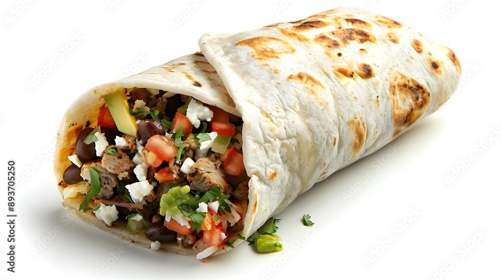 Appetizing Burrito Wrapped in Tortilla on Plain White Background Appetizing Burrito Wrapped in Tortilla on Plain White Background