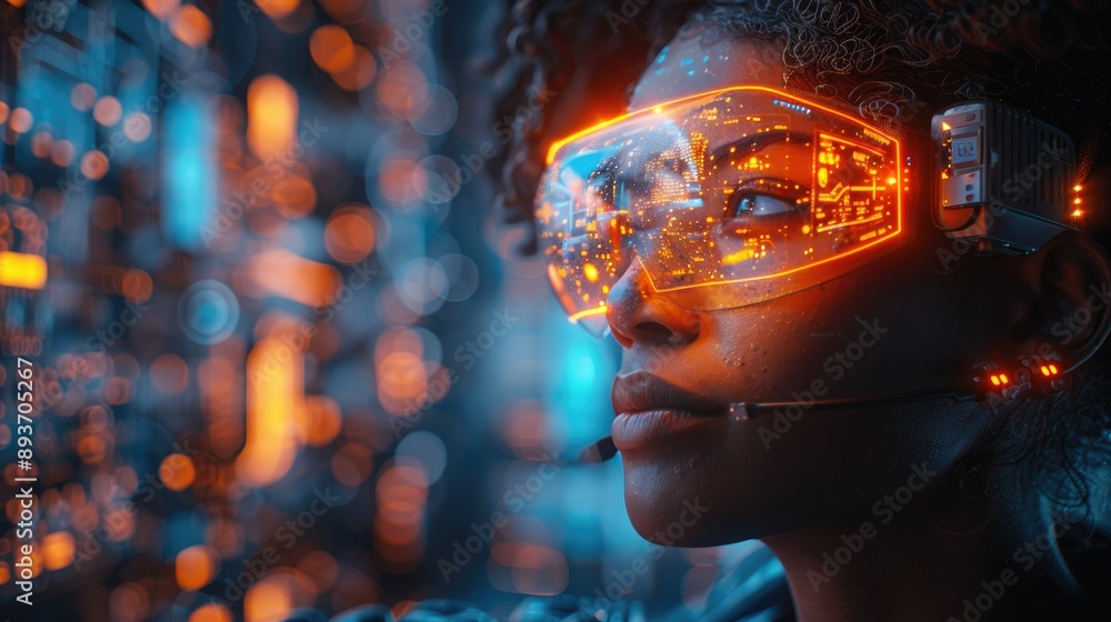 Woman wearing futuristic AR glasses in a high-tech environment, embracing innovation and advanced digital technology concepts. Woman wearing futuristic AR glasses in a high-tech environment, embracing innovation and advanced digital technology concepts.