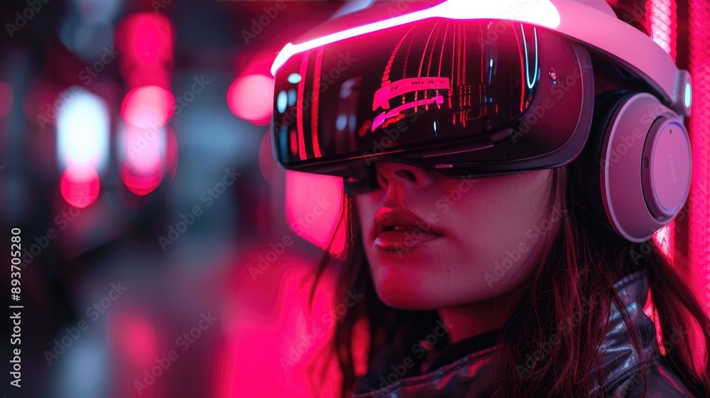 Woman wearing virtual reality headset in a futuristic neon-lit environment, experiencing immersive VR technology. Innovation in gaming and entertainment. Woman wearing virtual reality headset in a futuristic neon-lit environment, experiencing immersive VR technology. Innovation in gaming and entertainment.
