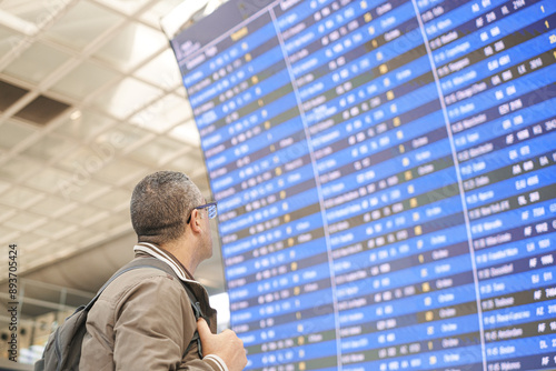 Traveler with a backpack looks at the information board of departures and arrivals at the airport