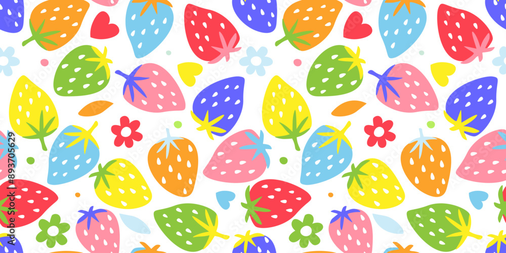 Seamless pattern with multi-colored strawberries. Bright summer print with berries. Vector graphics. Seamless pattern with multi-colored strawberries. Bright summer print with berries. Vector graphics.