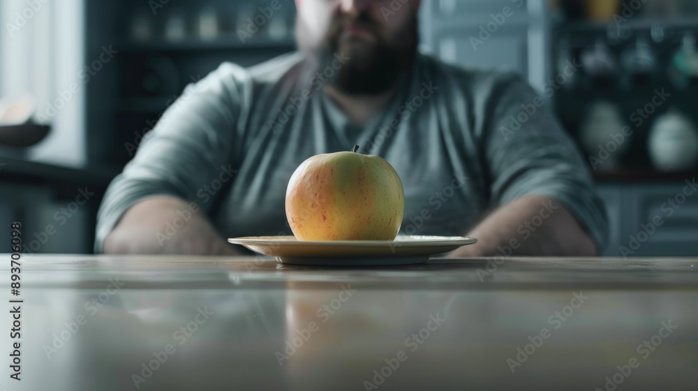 A fat man is sitting at a table. In front of him is a plate with an apple. The concept of diet and excess weight. A fat man is sitting at a table. In front of him is a plate with an apple. The concept of diet and excess weight.