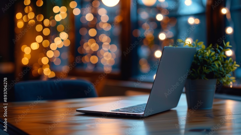 A laptop is open on a wooden table with a potted plant next to it A laptop is open on a wooden table with a potted plant next to it