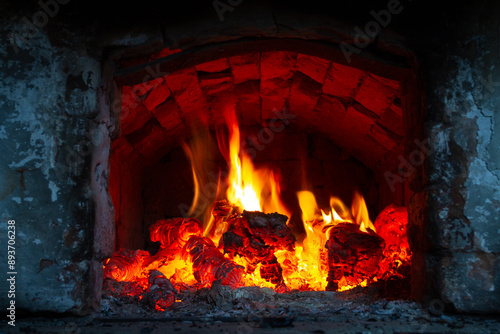 Hot charcoal is burning in the old hearth