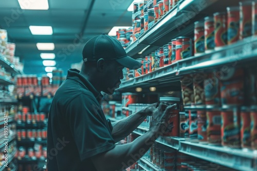 Man Organizing Canned Goods in Supermarket