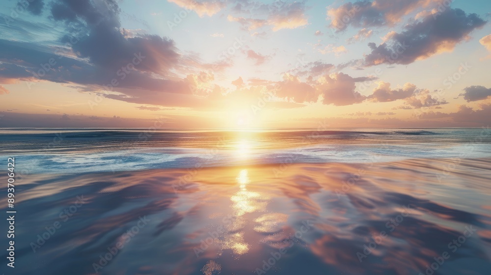 Fototapeta premium Stunning coastal scenery with sea and sky reflection at sunset.