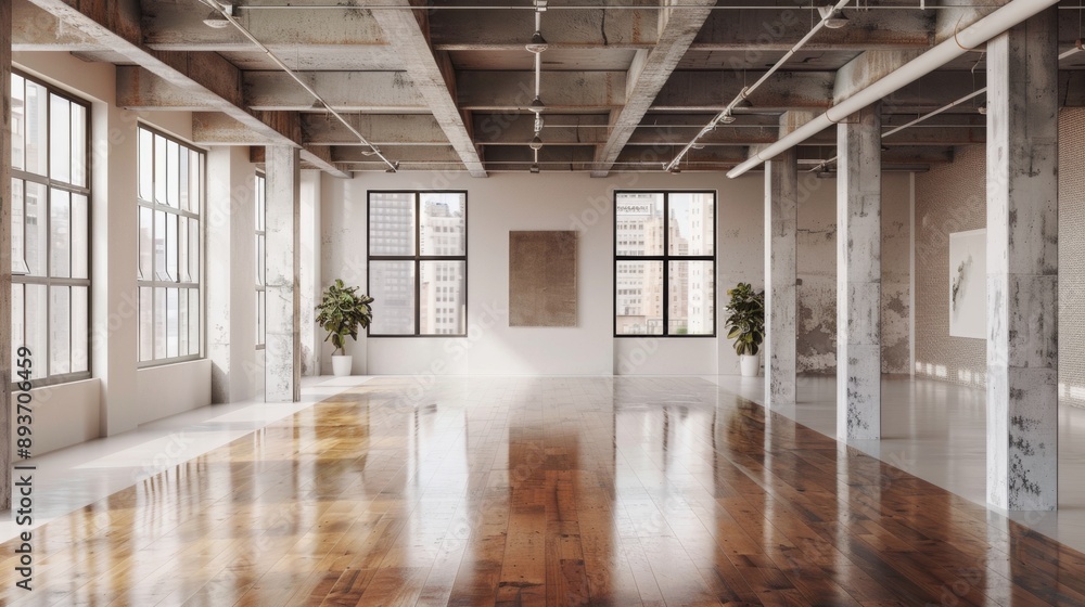 A large, empty room with a white wall and a large window A large, empty room with a white wall and a large window