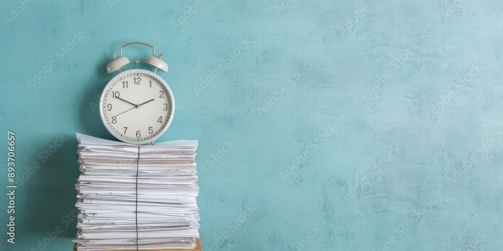 Alarm clock on a stack of papers against a blue wall. Alarm clock on a stack of papers against a blue wall.