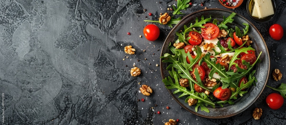 Top view of a vegetable salad featuring tomatoes, cheese, arugula, and walnuts in a copy space image. Top view of a vegetable salad featuring tomatoes, cheese, arugula, and walnuts in a copy space image.