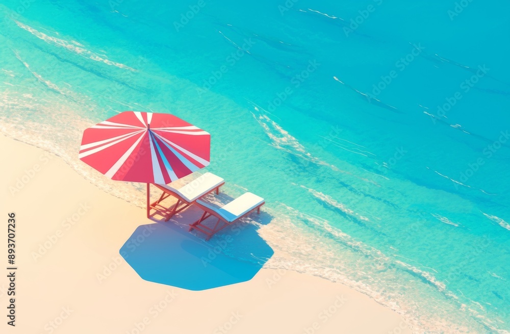 Minimalistic Digital Art of Beach Chairs and Umbrella on Sand with Blue Water Background, Top View Flat Design Minimalistic Digital Art of Beach Chairs and Umbrella on Sand with Blue Water Background, Top View Flat Design