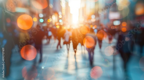 Blurred background of people walking in the city center during sunset, shopping street with blurred figures and motion blur Generative AI