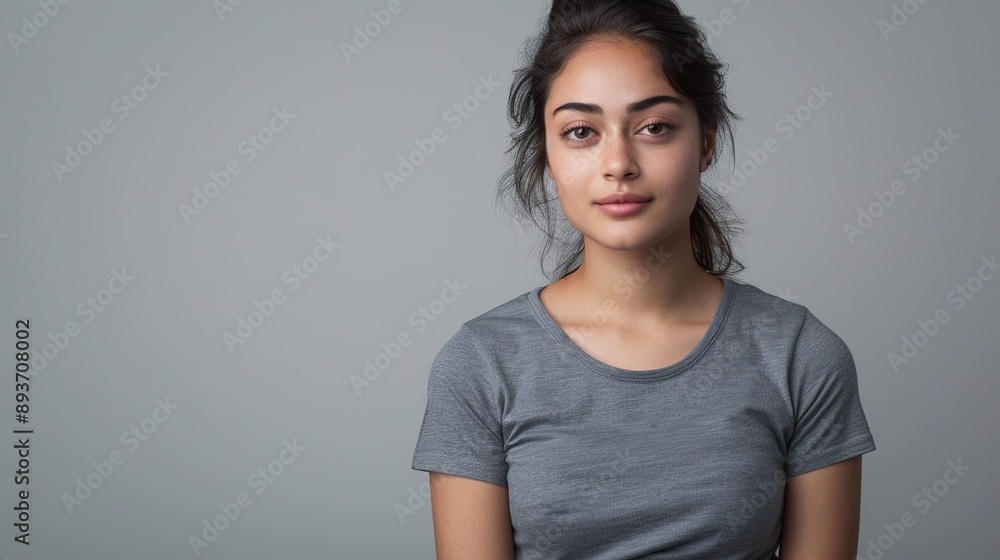 a good-looking young Indian student girl with dark hair, wearing a grey t-shirt and jeans, against a neutral gray backdrop that emphasizes her composed and relaxed demeanor. a good-looking young Indian student girl with dark hair, wearing a grey t-shirt and jeans, against a neutral gray backdrop that emphasizes her composed and relaxed demeanor.
