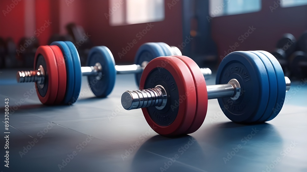 Dumbbells in the gym on the floor, close-up, bokeh red and blue fitness background wallpaper, copy space. Exercises that target muscle strength and provide a healthy foundation for bodybuilding Dumbbells in the gym on the floor, close-up, bokeh red and blue fitness background wallpaper, copy space. Exercises that target muscle strength and provide a healthy foundation for bodybuilding
